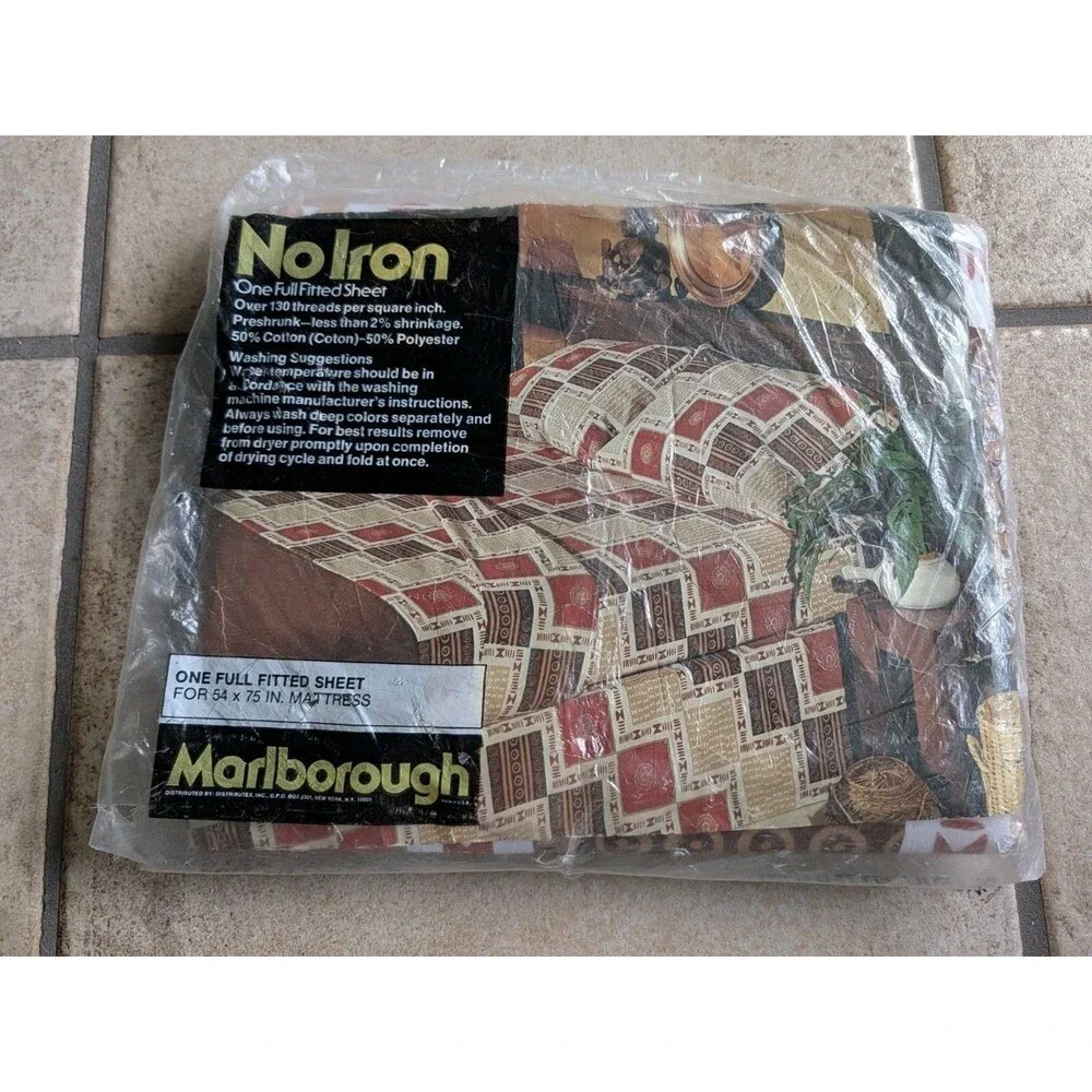 Vintage Marlborough No Iron Full Fitted Sheet 54 x 75 Tribal African Geometric